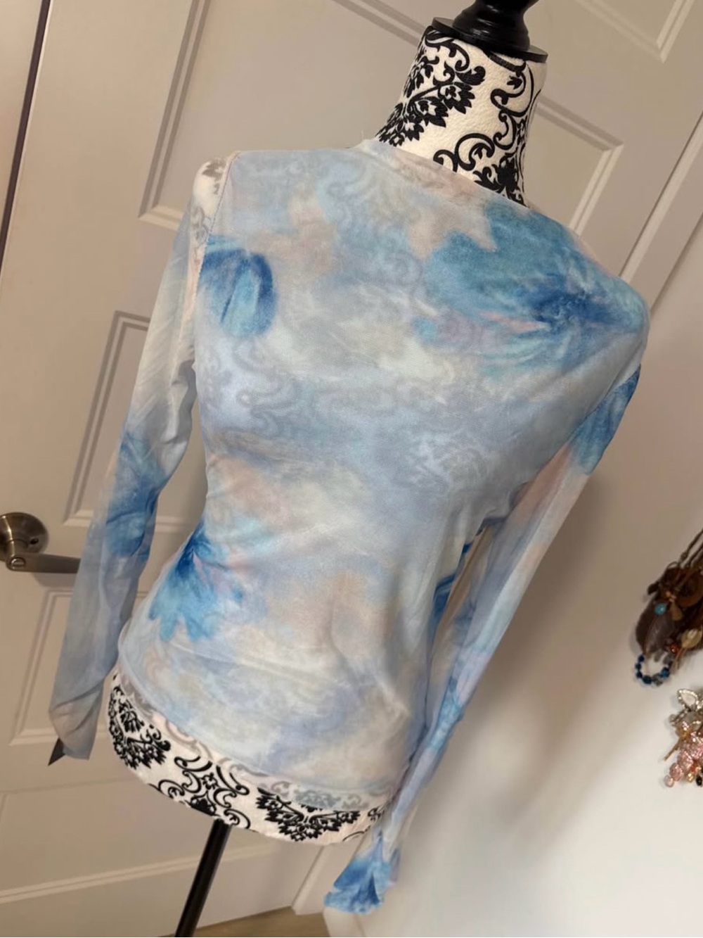 Sheer Blue Tie-Dye Long Sleeve Women's Top